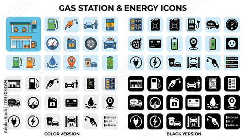 Transportation Fuel Icons Collection, Gasoline Pump and Refueling Vector Set