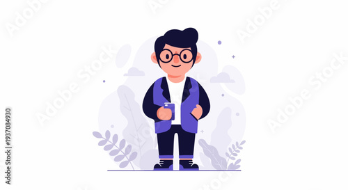 Animated young person in stylish attire with round glasses, holding a smartphone