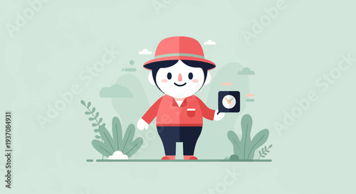 Cheerful character in a hat holds a clock, surrounded by plants and hills