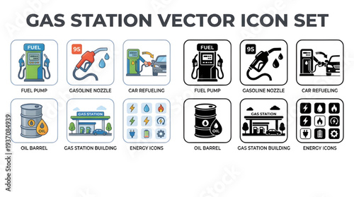 Gasoline Station Vector Icons, Fuel Pump Nozzle and Car Refueling Collection