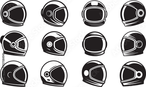Collection of black and white astronaut and motorcycle helmets in various astronaut helmet