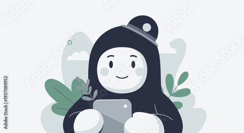 Whimsical character in dark attire holds a phone amidst stylized plants and sky