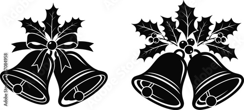 Black silhouette collection of Christmas bells, holiday jingle bells with holly leaves, and decorative ribbons isolated on white background cad drawing flat vector illustration