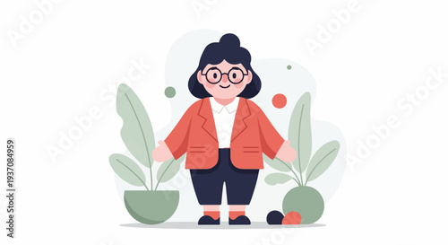 Stylized person in orange jacket and dark pants with plants