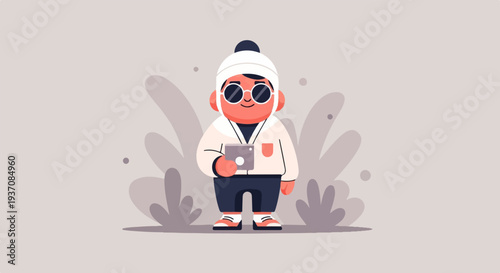 Flat illustration of a cute, rosy-cheeked person in a beanie, sunglasses, and casual clothes holding a tablet
