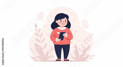 A cartoon illustration of a young person holding a tablet computer, surrounded by botanical elements
