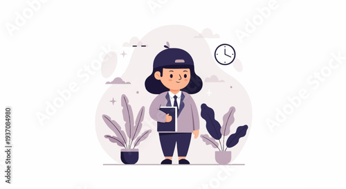 Stylized illustration of a person in business attire, holding a book, surrounded by plants and clouds