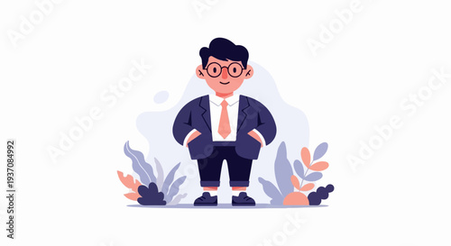 A short man in a suit and tie, with glasses, standing outdoors amidst stylized foliage