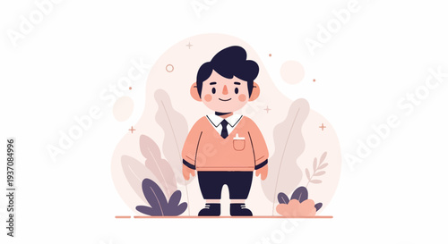 Cartoon boy in coral sweater and dark pants stands amidst stylized leaves and shapes