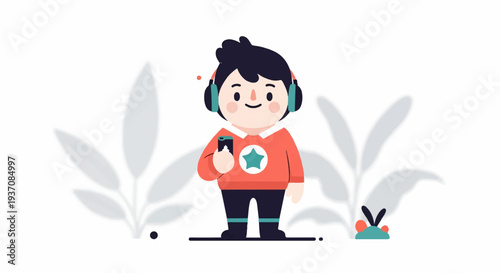 Cheerful character with headphones and phone, surrounded by abstract plants