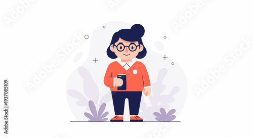 Animated female holding smartphone, wearing glasses and orange sweater with blue pants