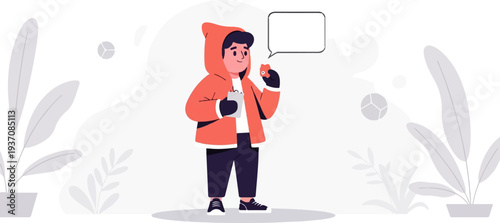 Cartoon boy in orange hooded coat holding a phone, with a speech bubble