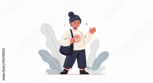 Cheerful young person wearing a beanie and carrying a bag, waving hello