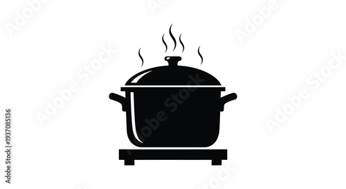 A black silhouette of a steaming pot with a lid resting on a simple rectangular base