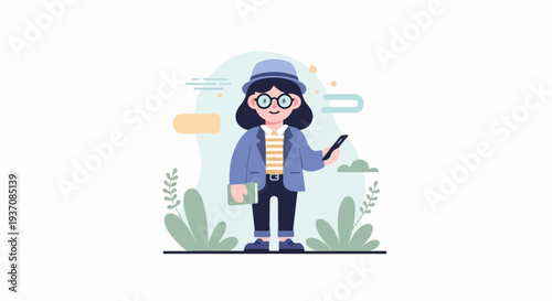 A person in a hat and glasses holding a stylus and a book