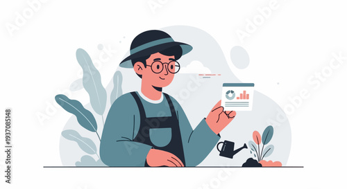 Gardener with glasses in hat and overalls holds graph
