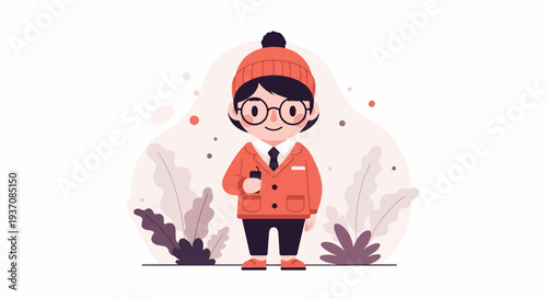 A cheerful cartoon character in a red jacket and beanie, holding a drink