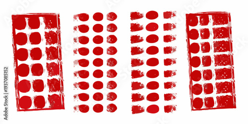 Red rubber stamp impressions arranged in three vertical blocks