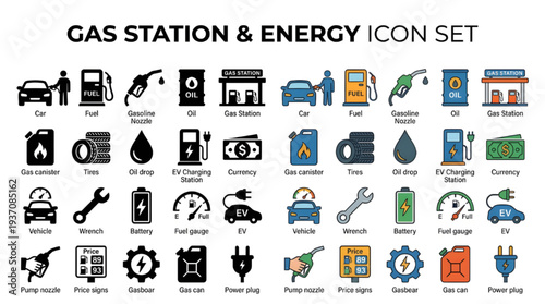 Gas Station Vector Icon Set, Fuel Pump and Gasoline Refueling Icons Collection