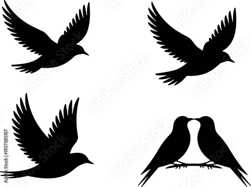 Black Silhouette Vector Illustration of Birds Flying and a Pair of Lovebirds Perched on a Branch for Nature and Wildlife Graphic Design Projects