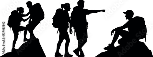 Black Silhouette Vector Illustration of Hikers and Mountaineers with Backpacks Climbing and Resting for Outdoor Adventure Trekking and Nature Exploration Graphic Design Projects