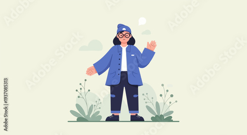 A person in a blue jacket and hat waves, surrounded by sparse vegetation and clouds