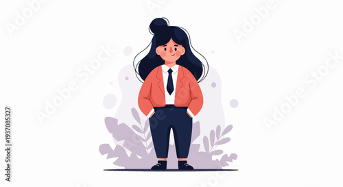 A cartoon woman with dark hair in a bun and a coral blazer, dark pants, and tie