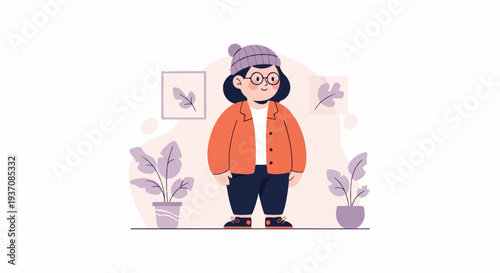 A person with glasses and a beanie wearing an orange jacket and dark pants