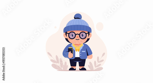 Animated character in a blue beanie, glasses, and jacket holds a phone