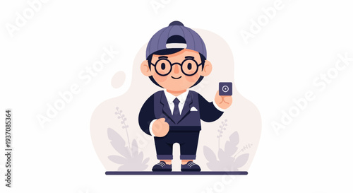 Stylized character in a suit, hat, and glasses holds a small square device