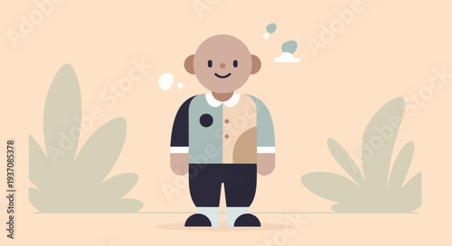 Simple cartoon character in pastel colors with abstract plants and thought bubbles