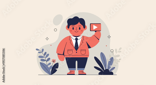 Cheerful person in suit holding digital media player with playful background