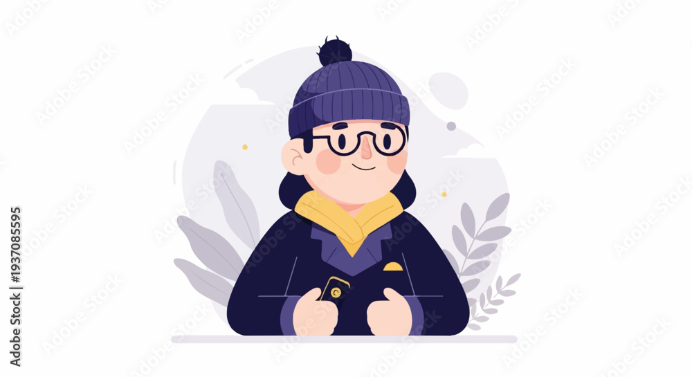 Fototapeta premium Person with glasses wearing a beanie, yellow scarf, and jacket, holding a phone