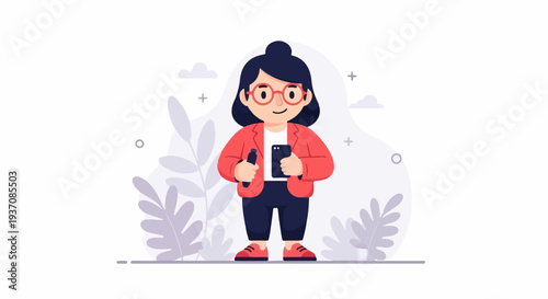 Cheerful woman in coral jacket and navy pants, holding a phone and pen, with decorative plants