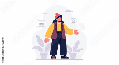 Flat illustration of a person with a hat, offering a hand, surrounded by plants and icons