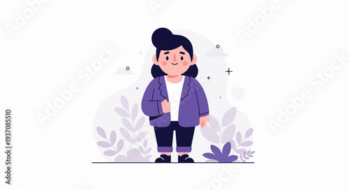 Cheerful person in business attire, surrounded by stylized plants and abstract shapes