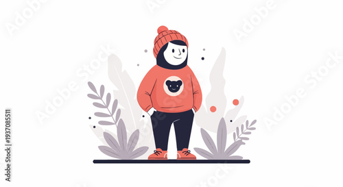 A playful cartoon character in a cozy outfit stands amidst stylized foliage
