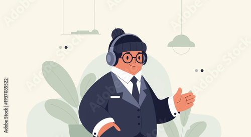 A friendly, smiling character in a suit with headphones and glasses, offering a hand