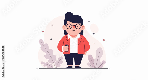A cheerful, round cartoon woman in a red blazer and glasses holds a phone
