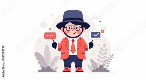 A friendly figure in a hat and suit holds up speech bubbles