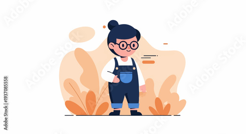 Cheerful cartoon child in dark blue overalls and round glasses, stands amidst abstract warm-toned foliage