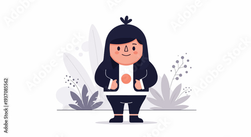 A cartoonish character stands centered against a backdrop of stylized plants in pastel shades