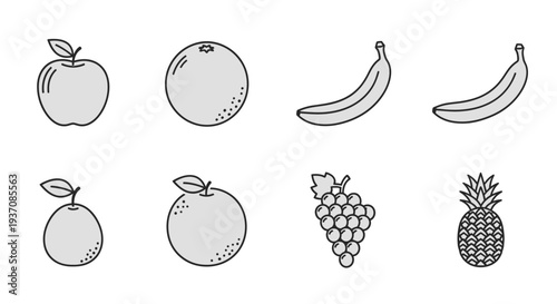 Set of various fresh fruits including apple, orange, banana, grape, and pineapple, isolated white background.