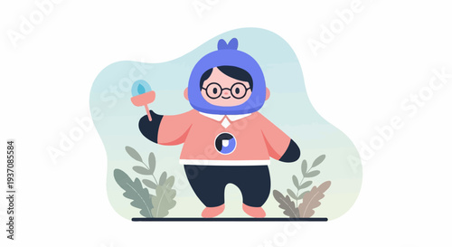 Cute character with rattle and glasses, wearing a hat and sweater, standing by plants