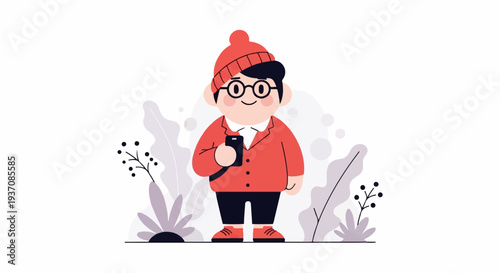 Cheerful young person in winter attire holding a mobile phone