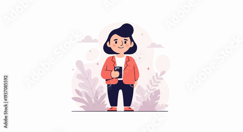 Friendly animated person with dark hair and a coral jacket holding a phone