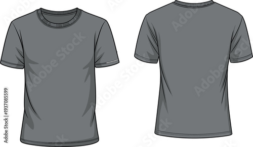 WebBlank Gray Male Crew Neck T-Shirt Vector Illustration Technical Sketch with Front and Back Views Isolated on White for Fashion Design Mockup Template