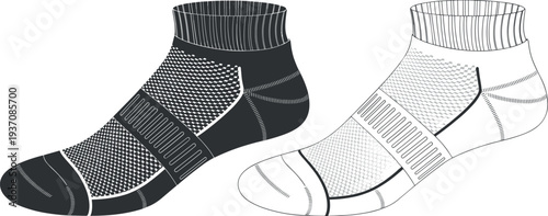 MobileBlank Performance Ankle Socks Vector Technical Sketch with Black and White Line Art Template for Sportswear Design Mockup Isolated on White Background