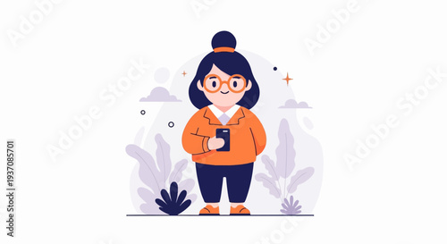 A woman in an orange sweater and blue pants holds a phone, surrounded by stylized plants