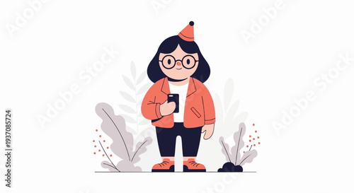 Flat illustration of a person wearing a party hat and glasses, holding a phone, surrounded by plants